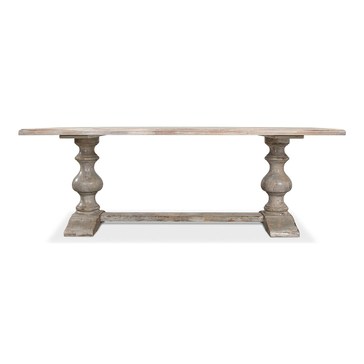 Straight-on side view of grey refectory dining table.