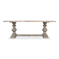 Straight-on side view of grey refectory dining table.