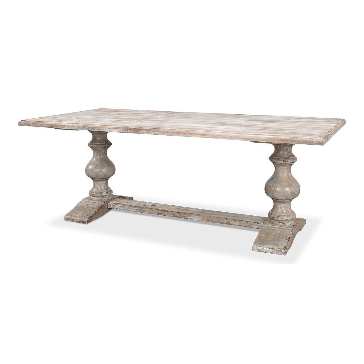 Angled view of rustic grey refectory dining table.