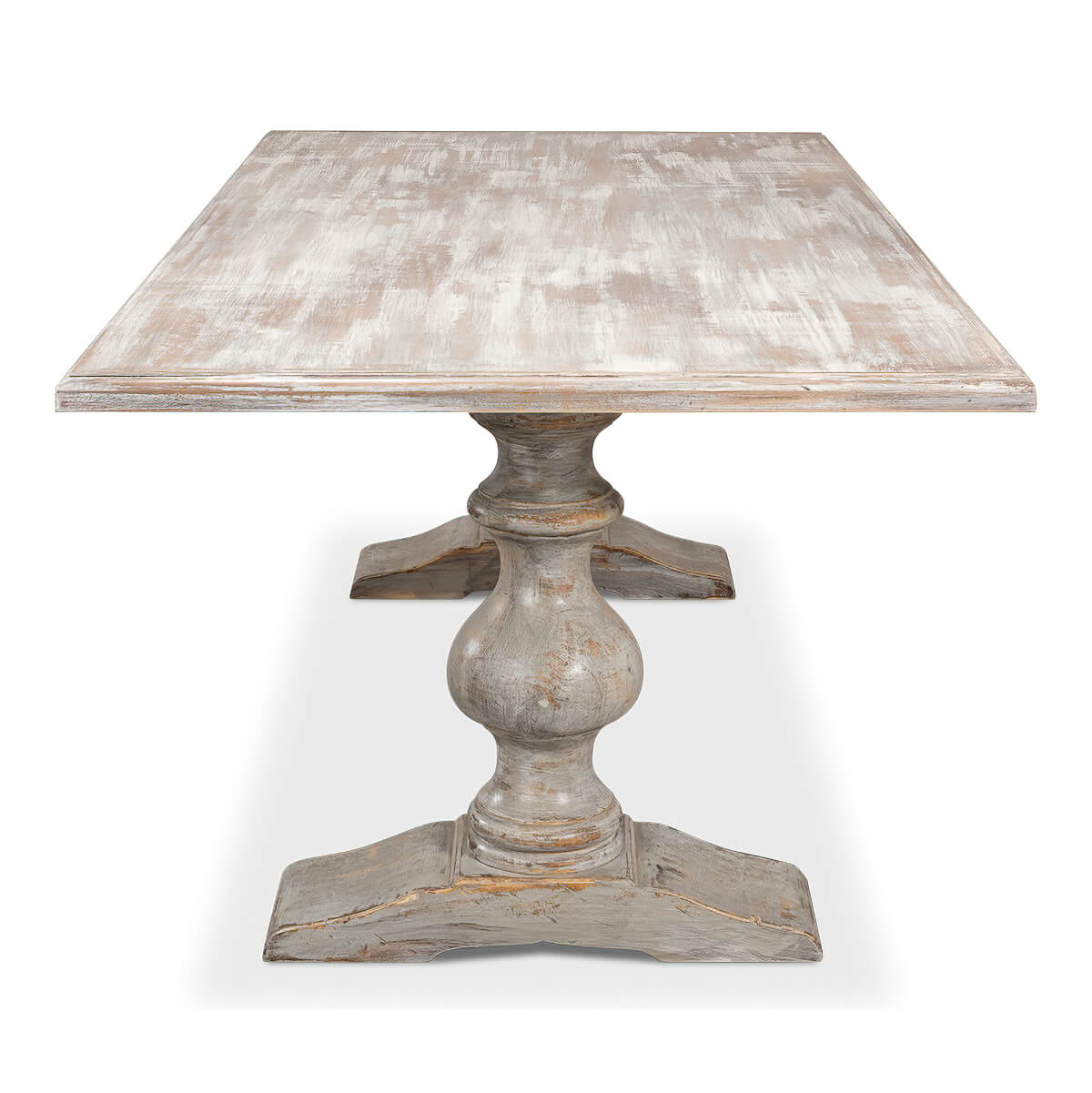 Side view of tabletop and pedestal base dining table.