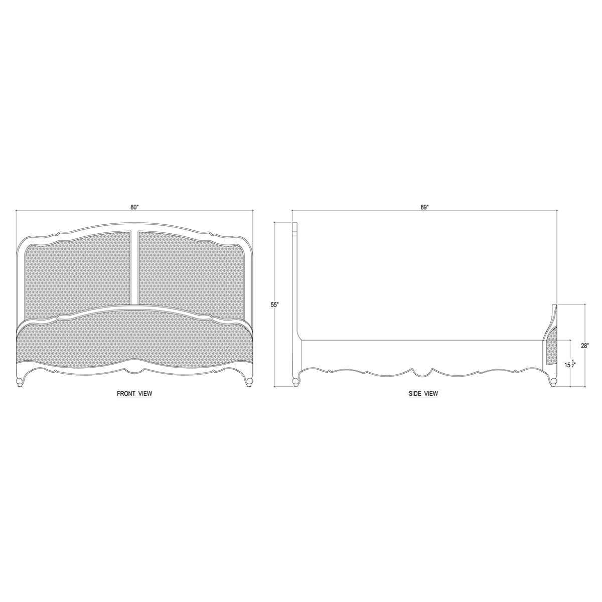 French Provincial King Bed technical drawing front and side views.
