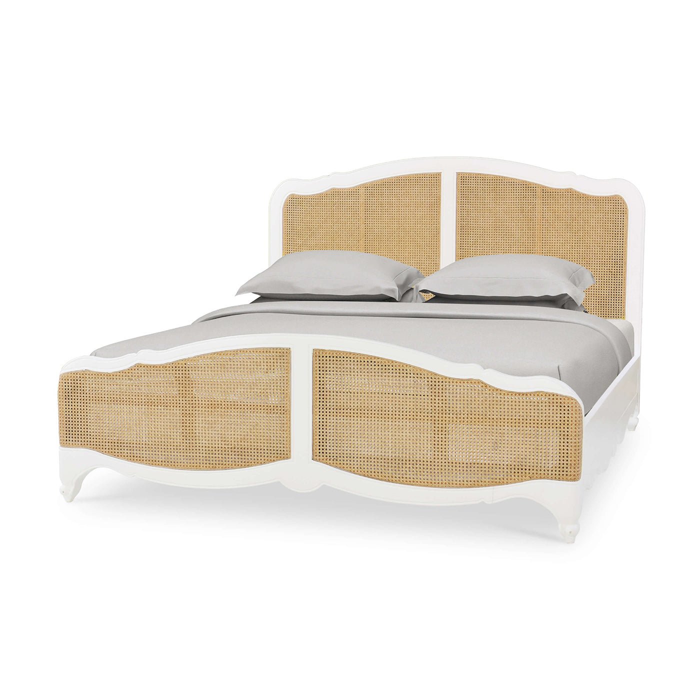 French Provincial King Bed angled front view with bedding.