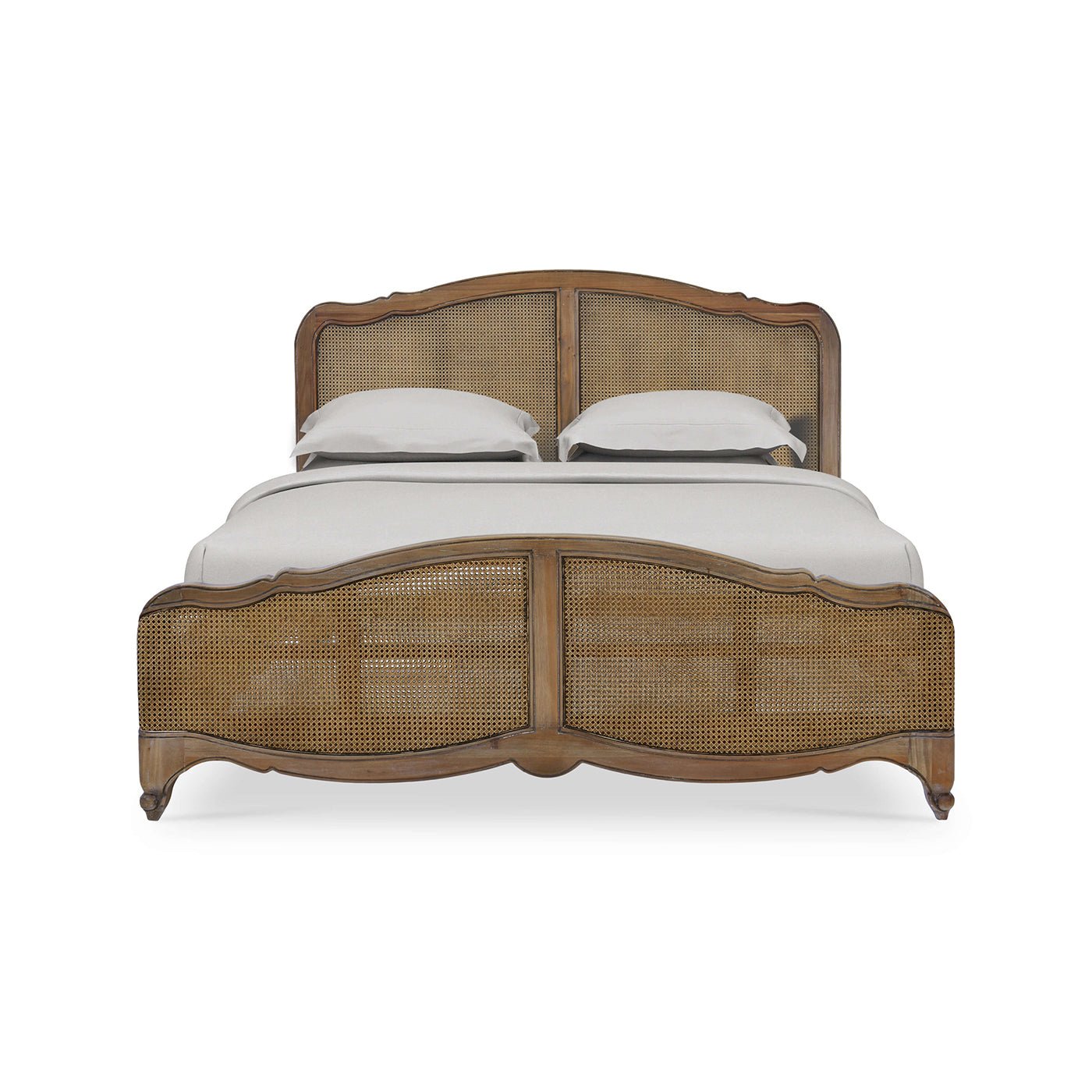 Front view of French Provincial king bed, straw wash.