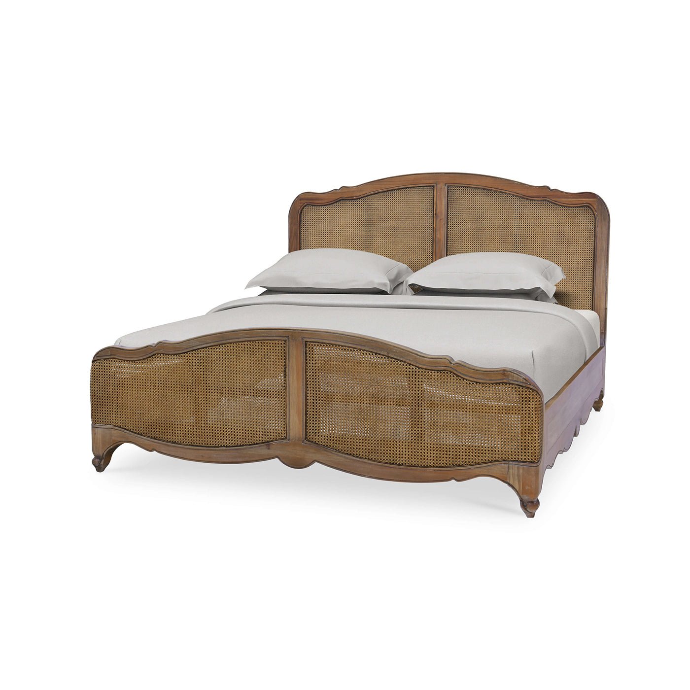 French Provincial king bed angled view, straw wash finish.