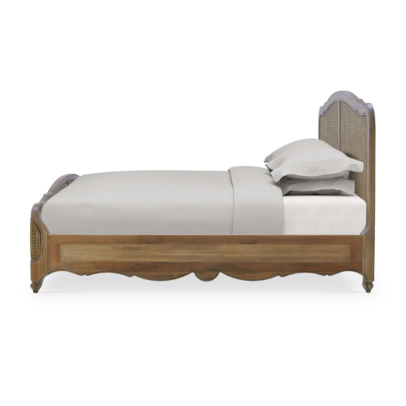 Side profile of French Provincial king bed, straw finish.