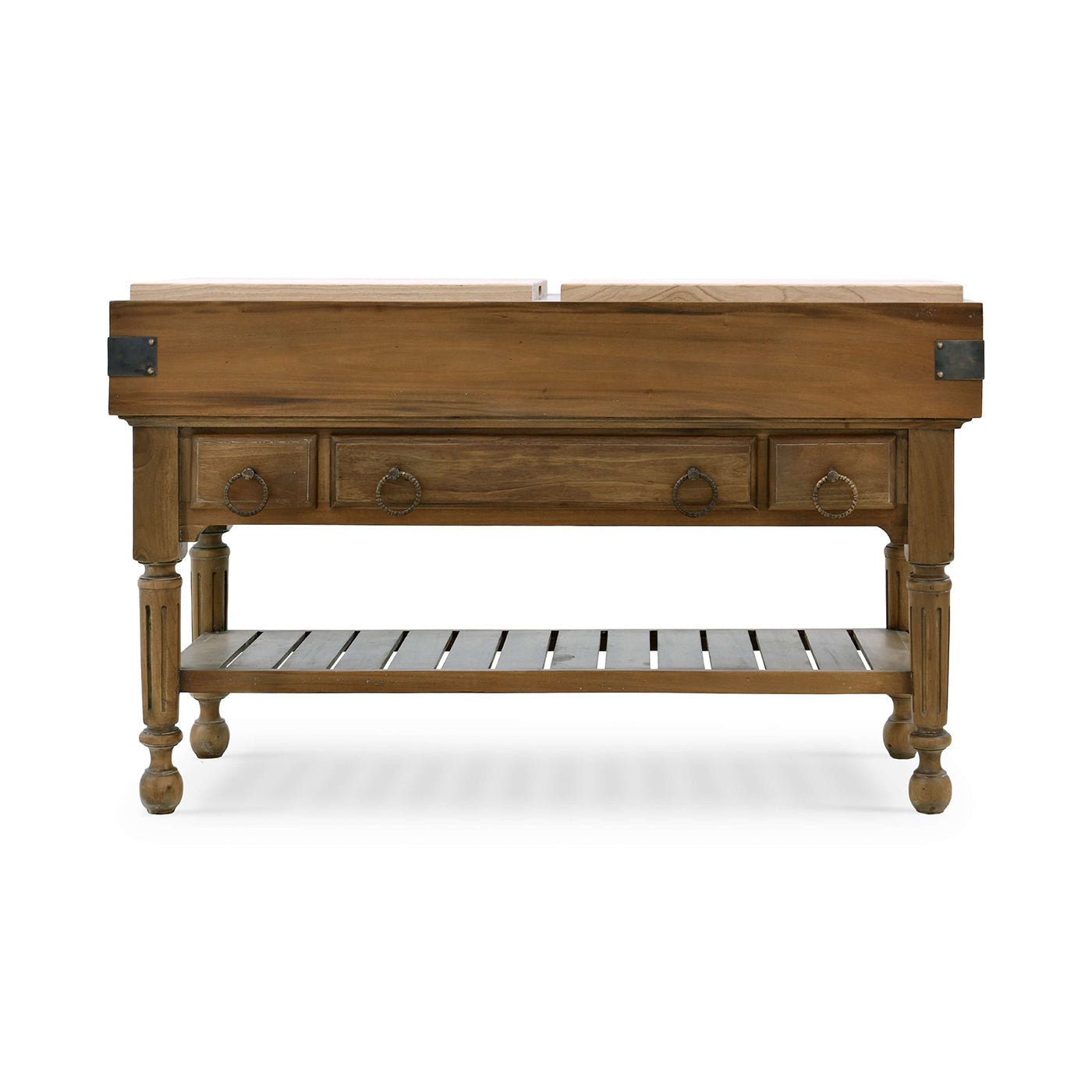 Front view of rustic wooden kitchen island design.