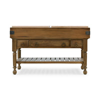 Front view of rustic wooden kitchen island design.