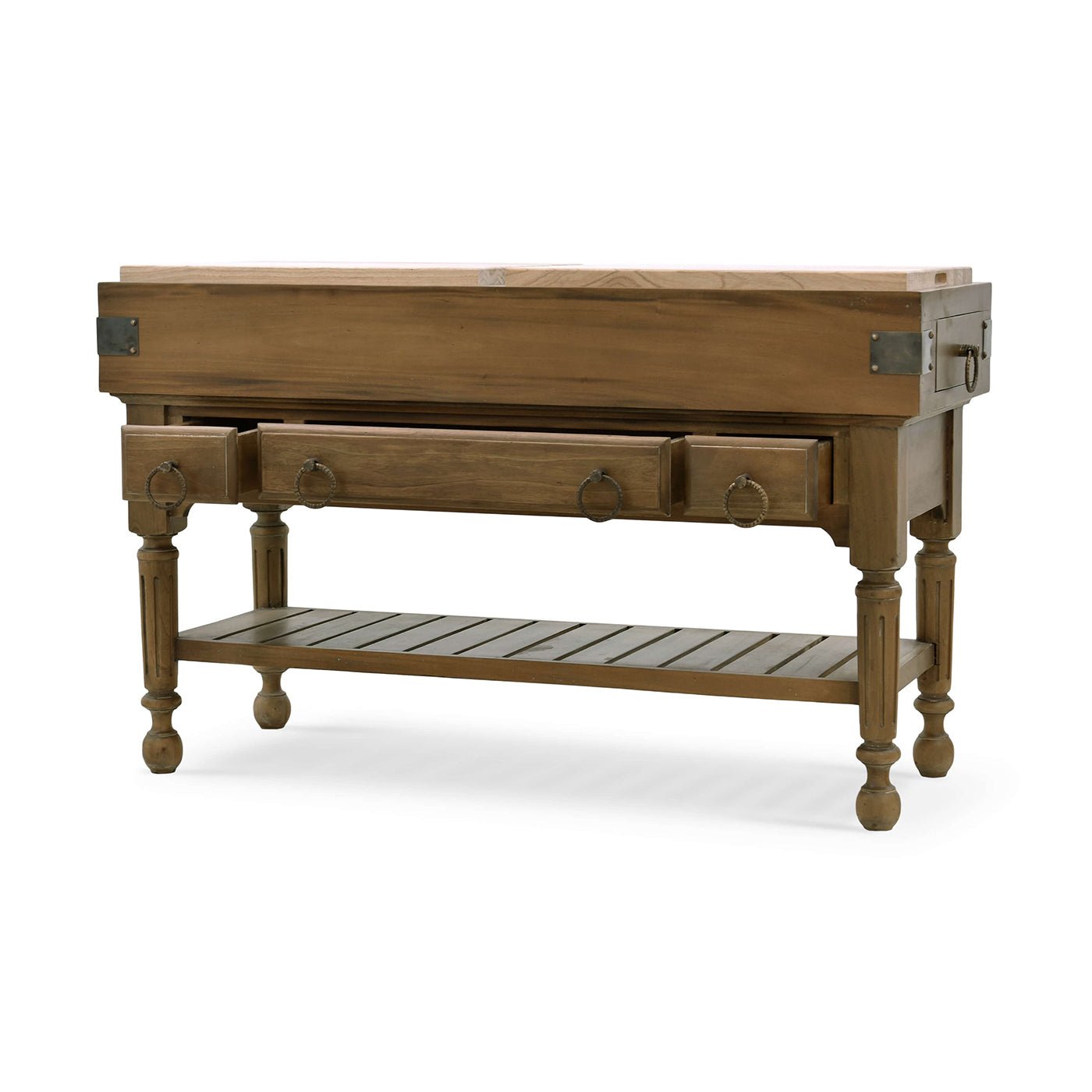 Angled view of kitchen island with detailed legs.
