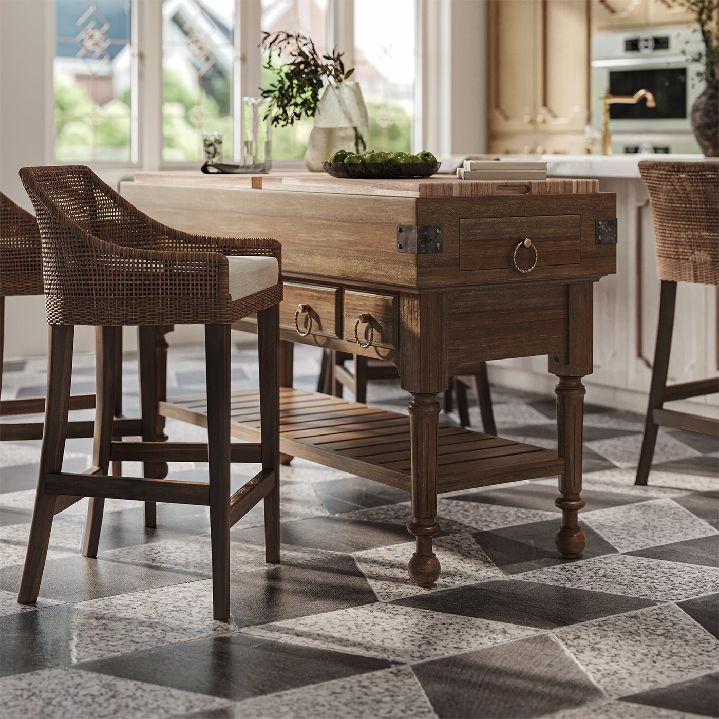 Close-up of kitchen island with chairs and decor.