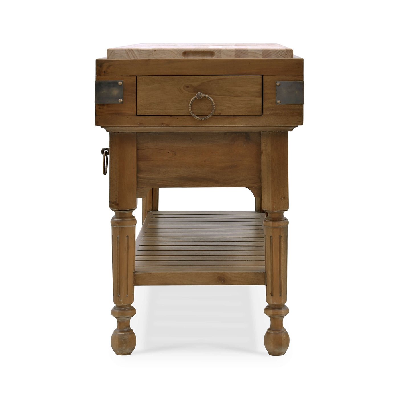 Side view of kitchen island showing metal accents.