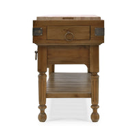 Side view of kitchen island showing metal accents.