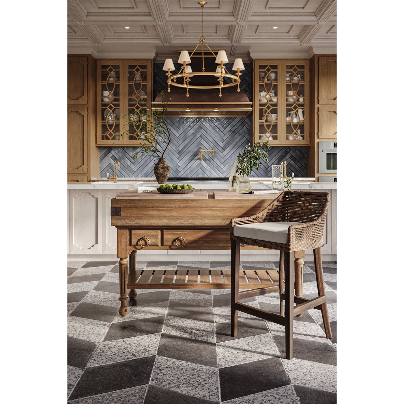 Elegant kitchen with rustic island and wicker chair.