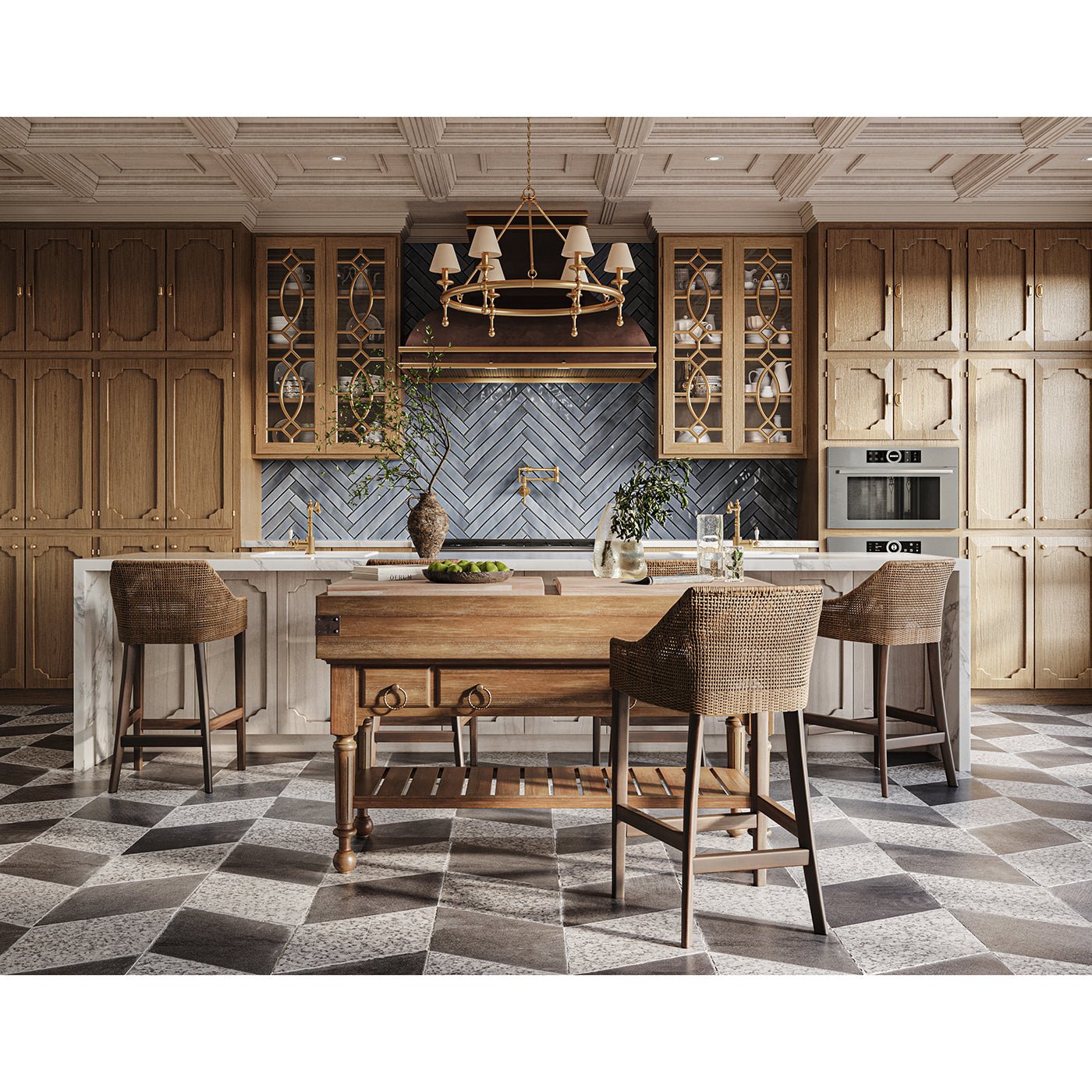 Spacious kitchen featuring large rustic island and cabinets.