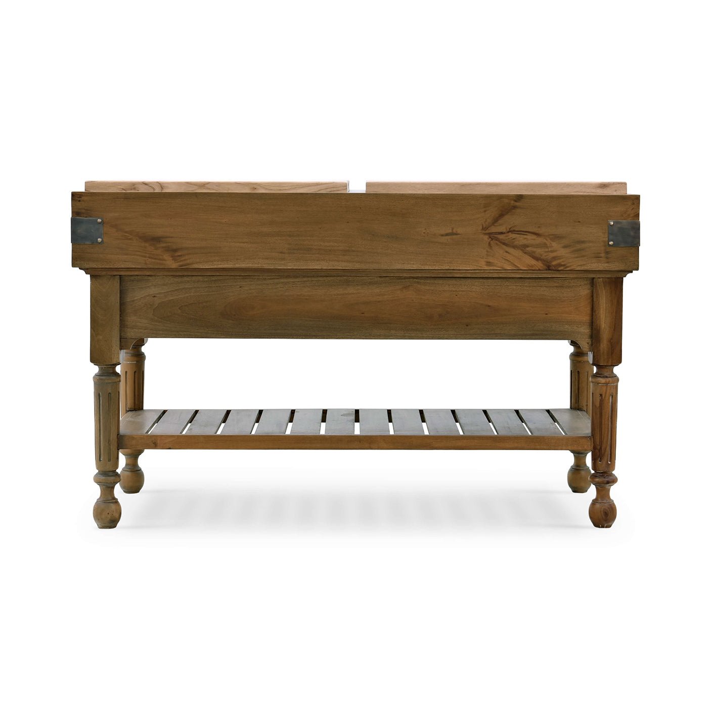 Back view of wooden kitchen island with shelf.