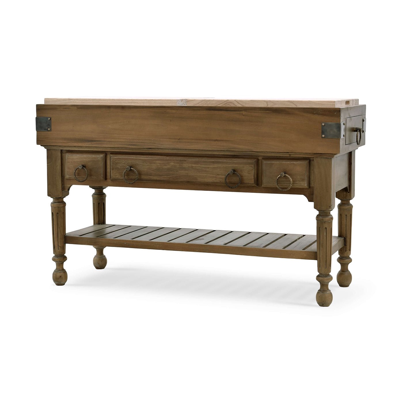 Rustic kitchen island with wooden top and drawers.
