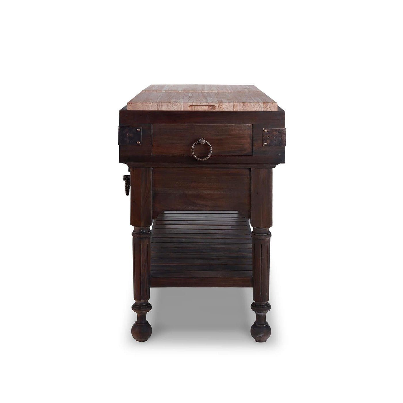 Side view of kitchen island, rustic cocoa wood finish.