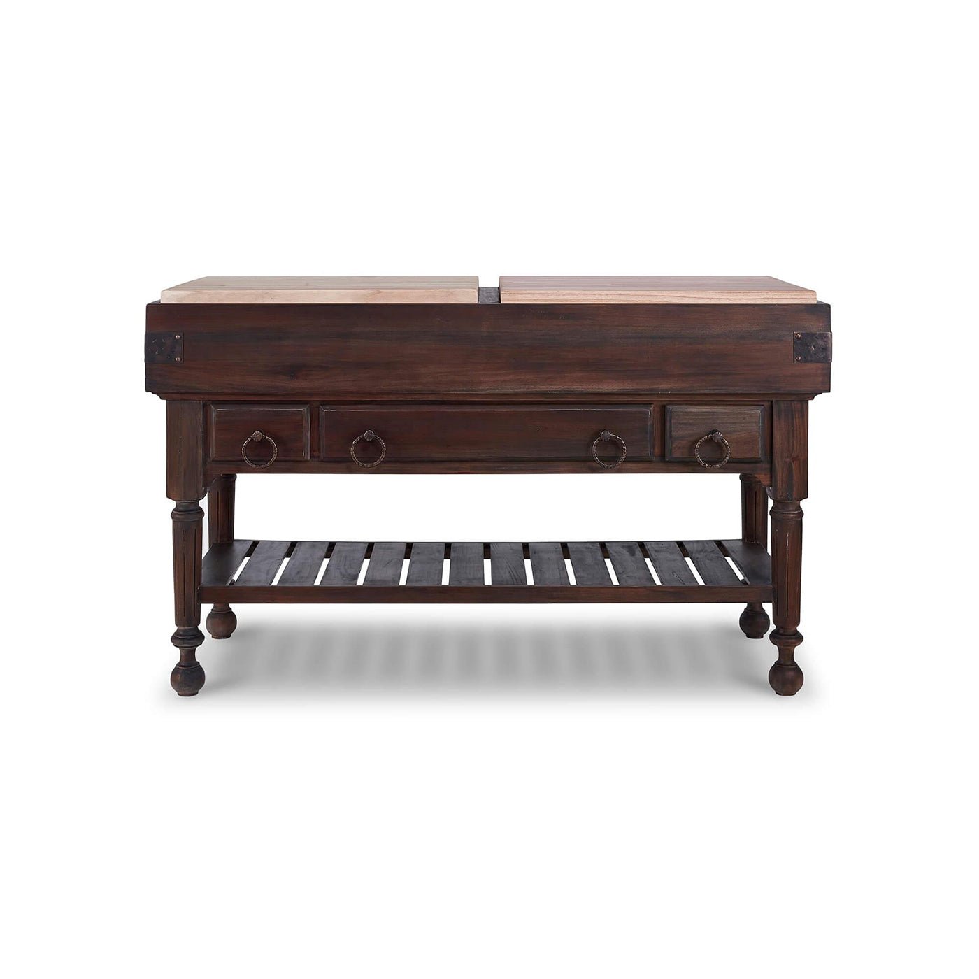 Front view of French Provincial kitchen island, rustic finish.
