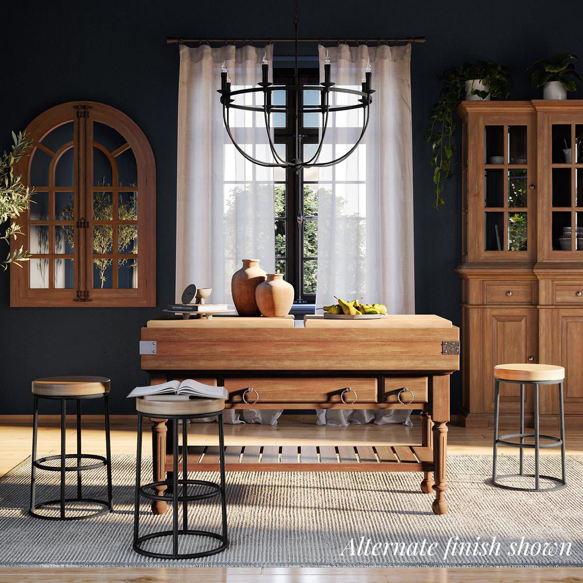 Kitchen island alternate finish, styled dining room setting.