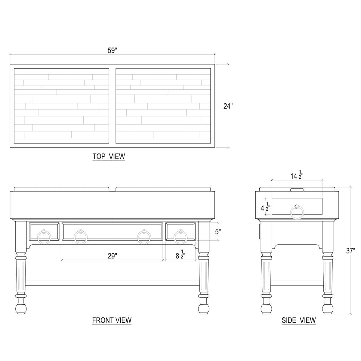 Kitchen island dimensions and specifications, detailed schematic.