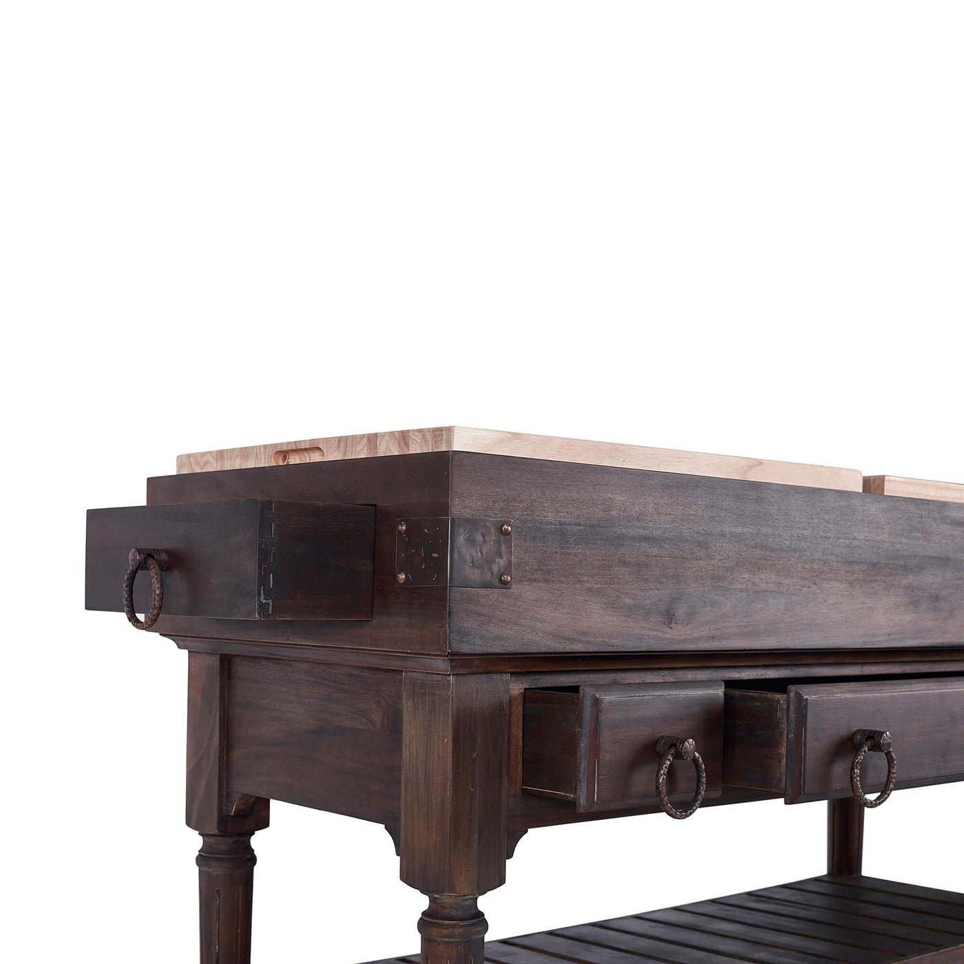 Close-up of kitchen island drawers, rustic cocoa wood.