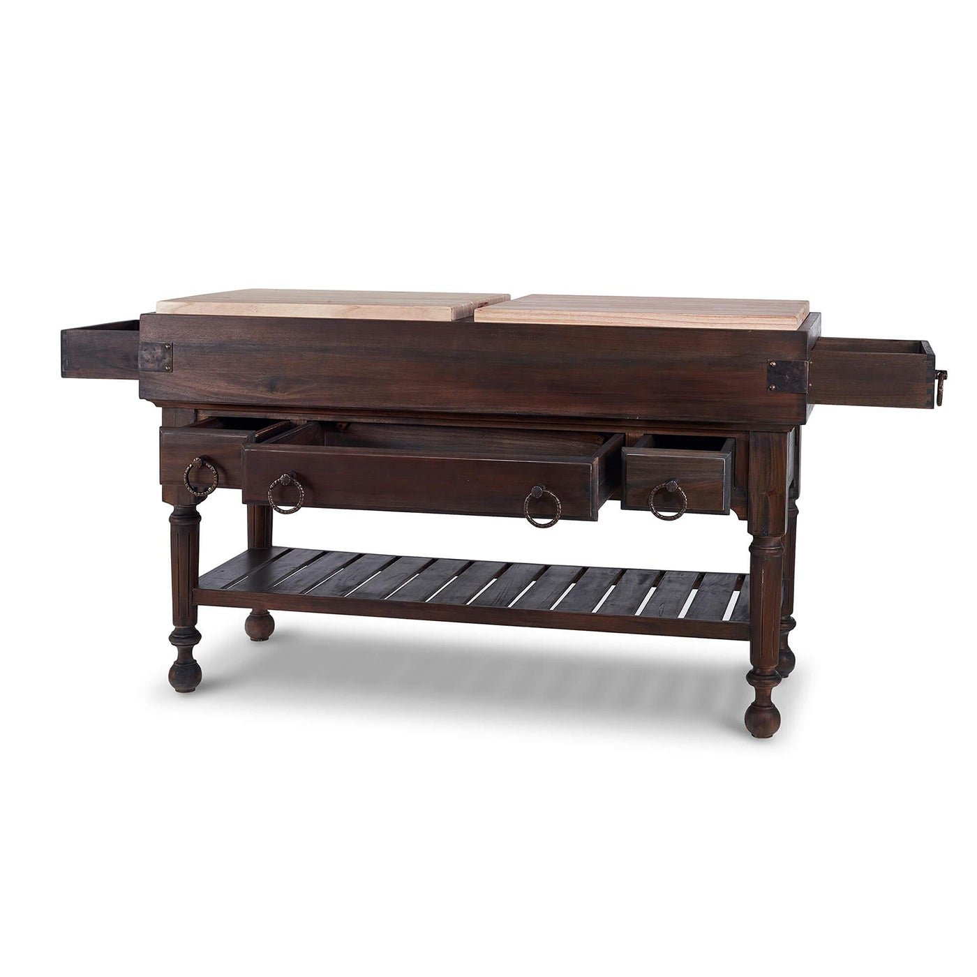 Kitchen island with extended drawers, rustic cocoa finish.