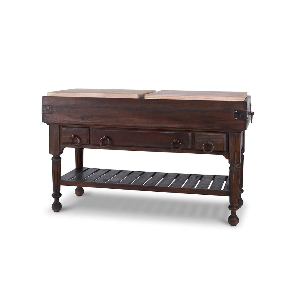 French Provincial kitchen island, rustic cocoa finish, side view.