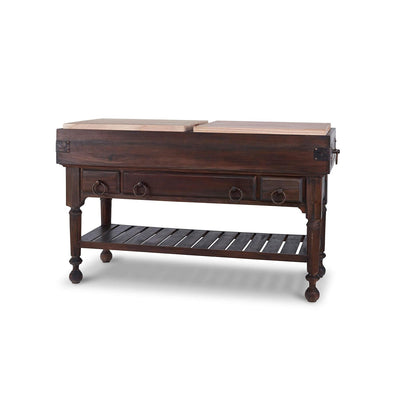 French Provincial kitchen island, rustic cocoa finish, side view.