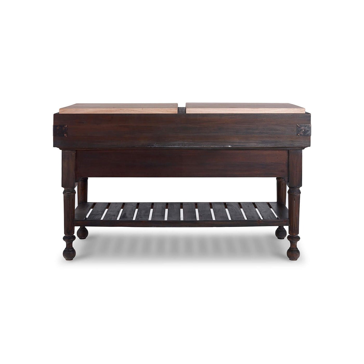 Back view of French Provincial kitchen island, rustic cocoa.