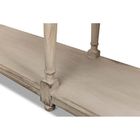 Bottom shelf and leg design on console table.