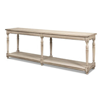 Long antique-style console table, angle view.