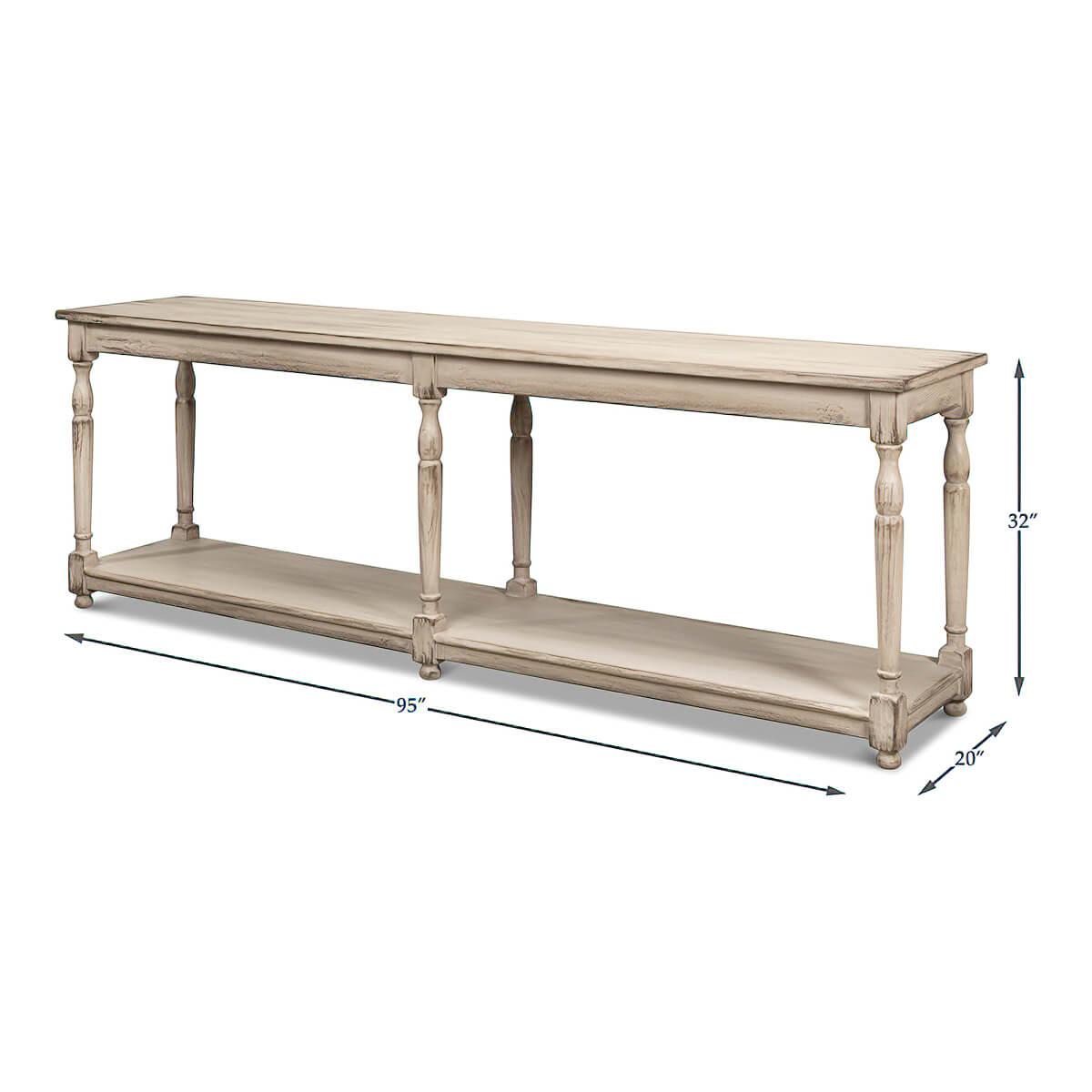 Dimensions of French provincial console table illustrated.