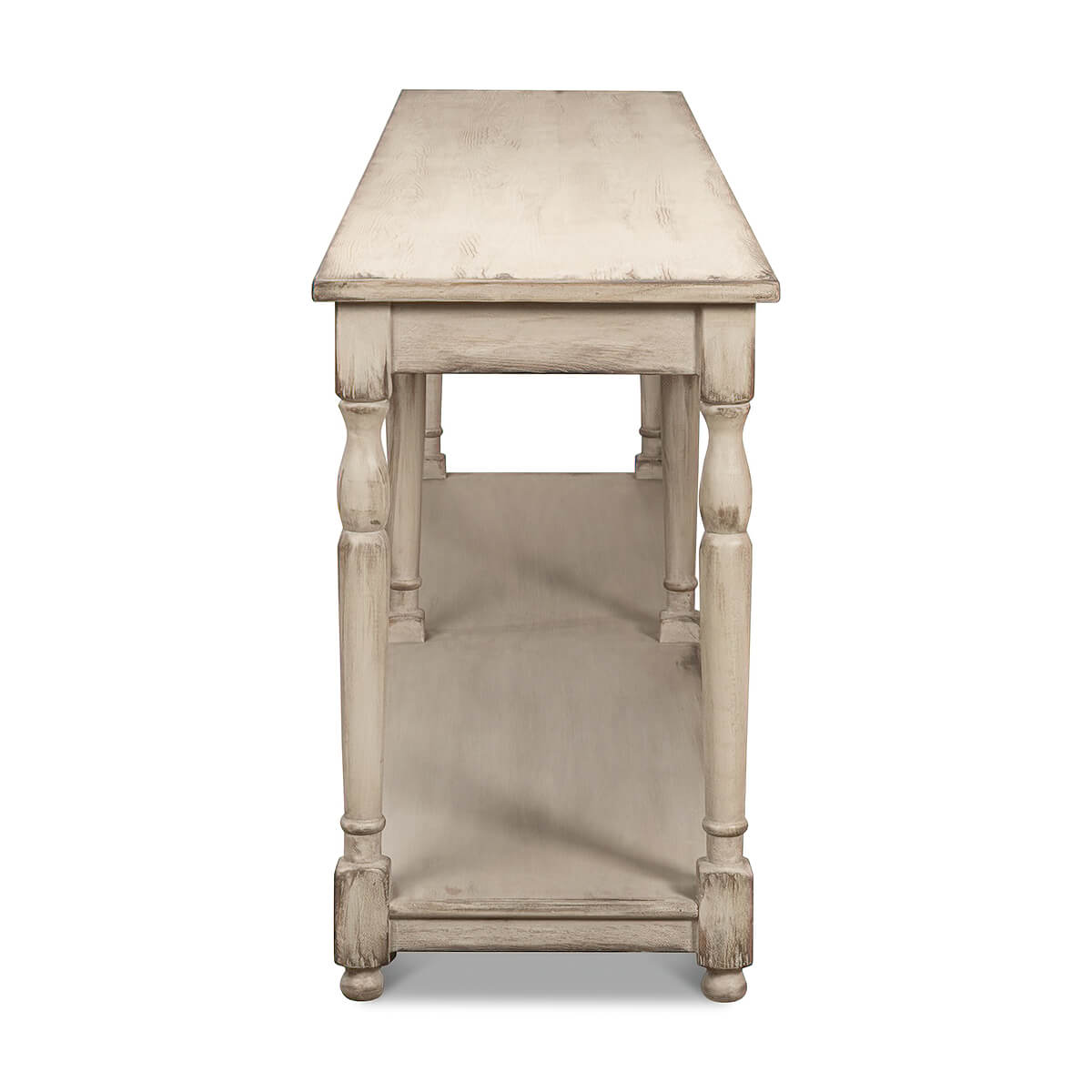 End view of tall console table with shelf.