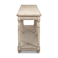 End view of tall console table with shelf.