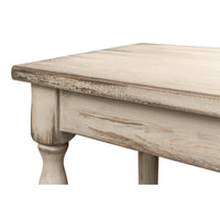Close-up of weathered tabletop edge, console table.