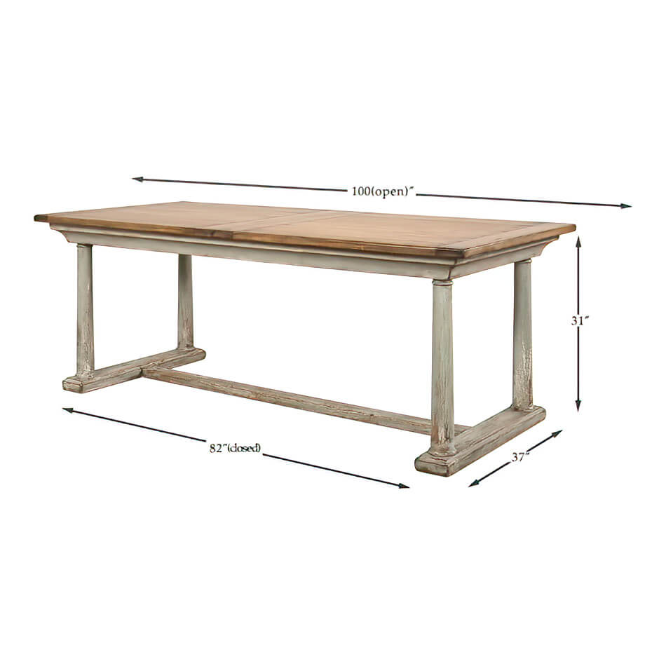 Dimensions of dining table with extension, perspective view.