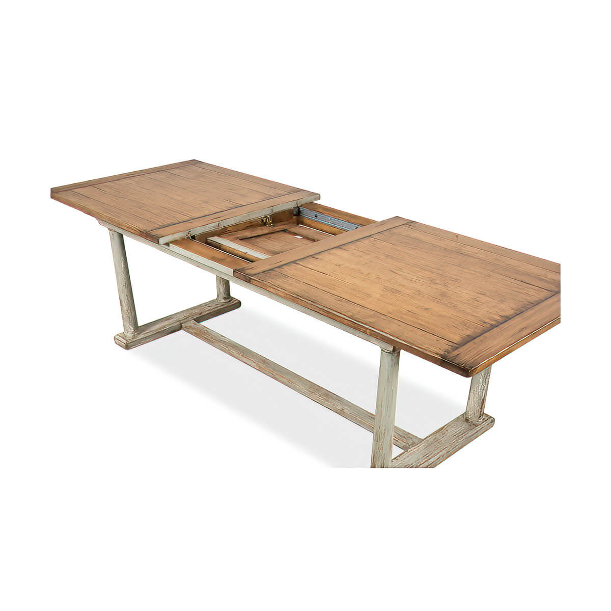 Dining table with extension mechanism exposed, angled view.