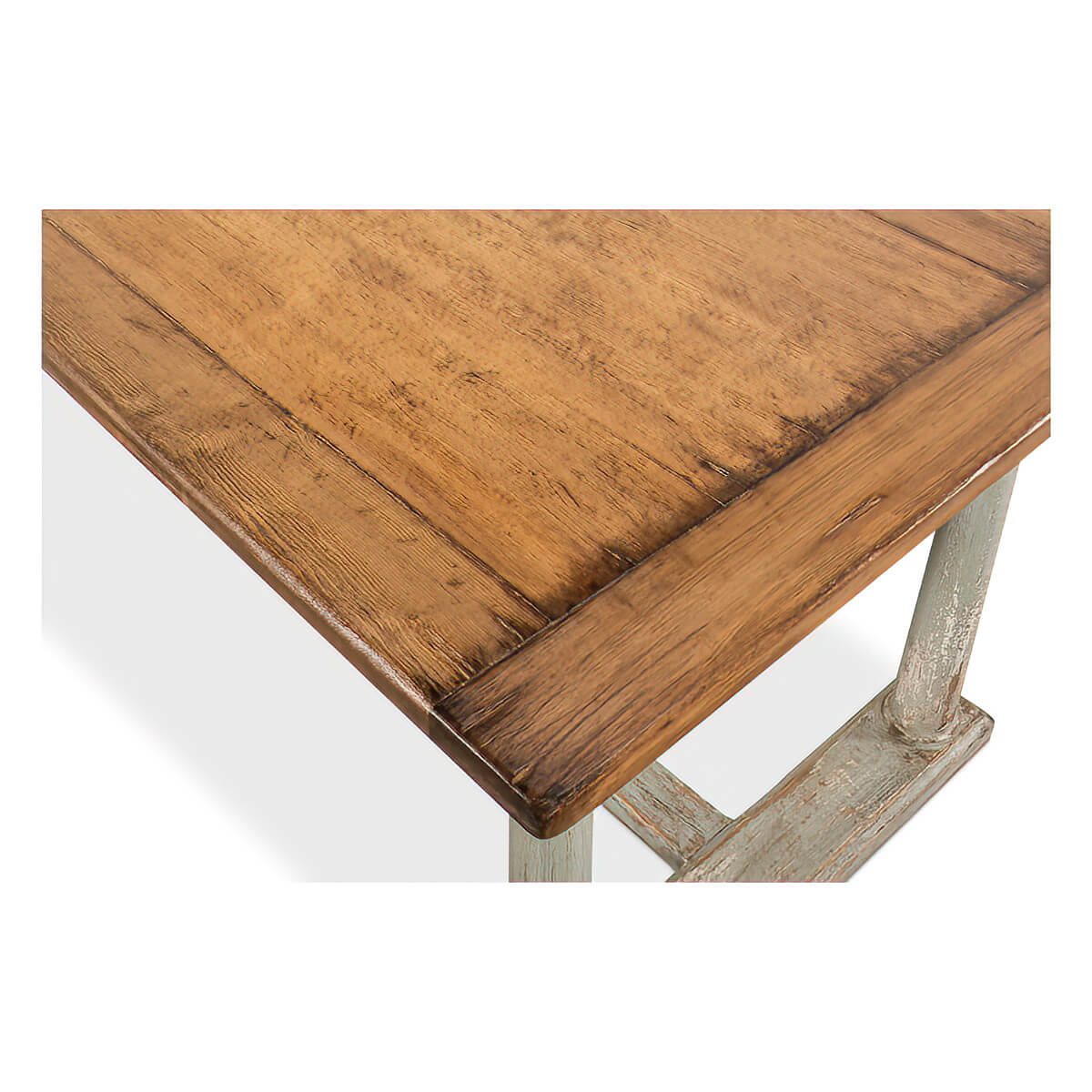 Close-up of dining table's wooden top surface.