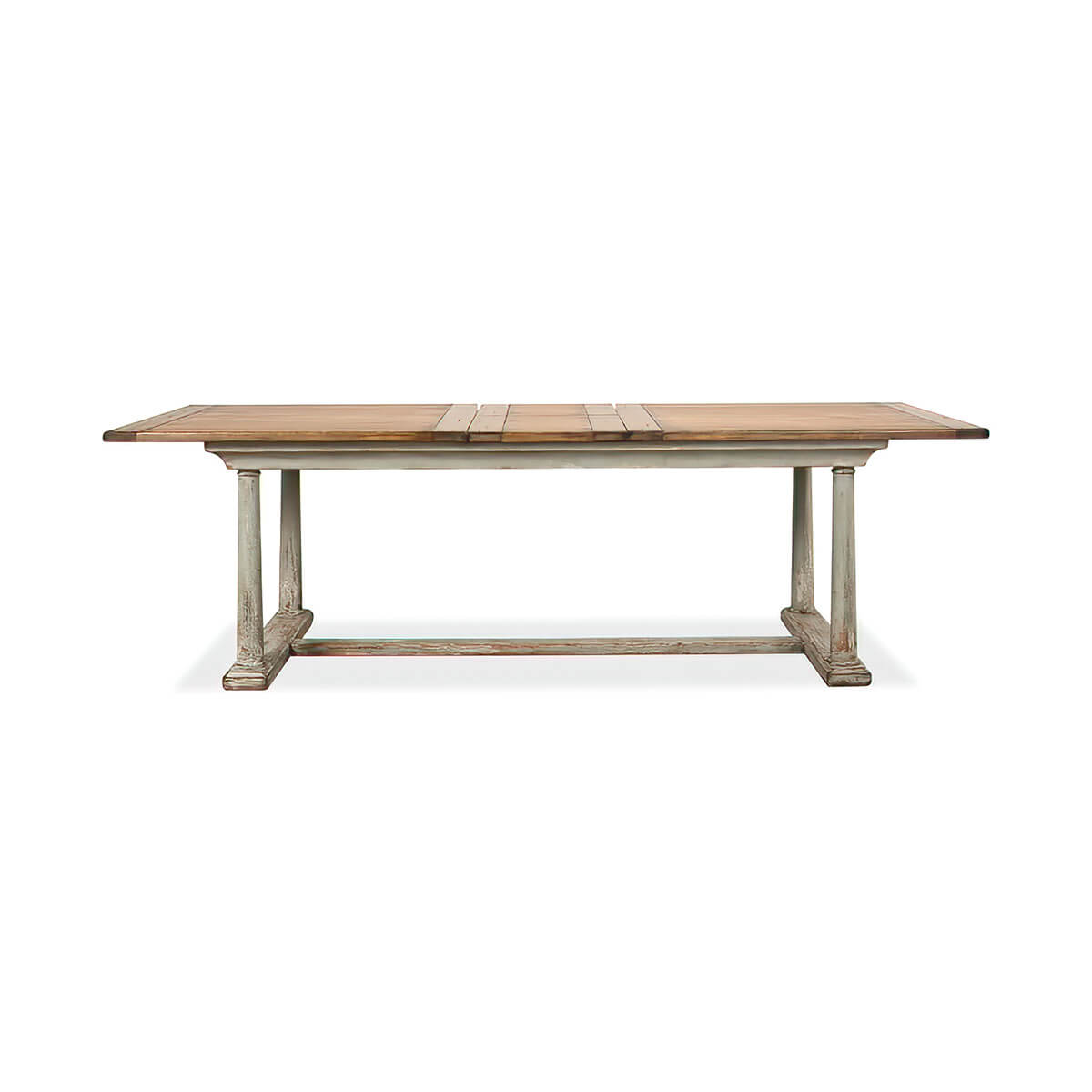 Dining table with leaves extended, frontal view.