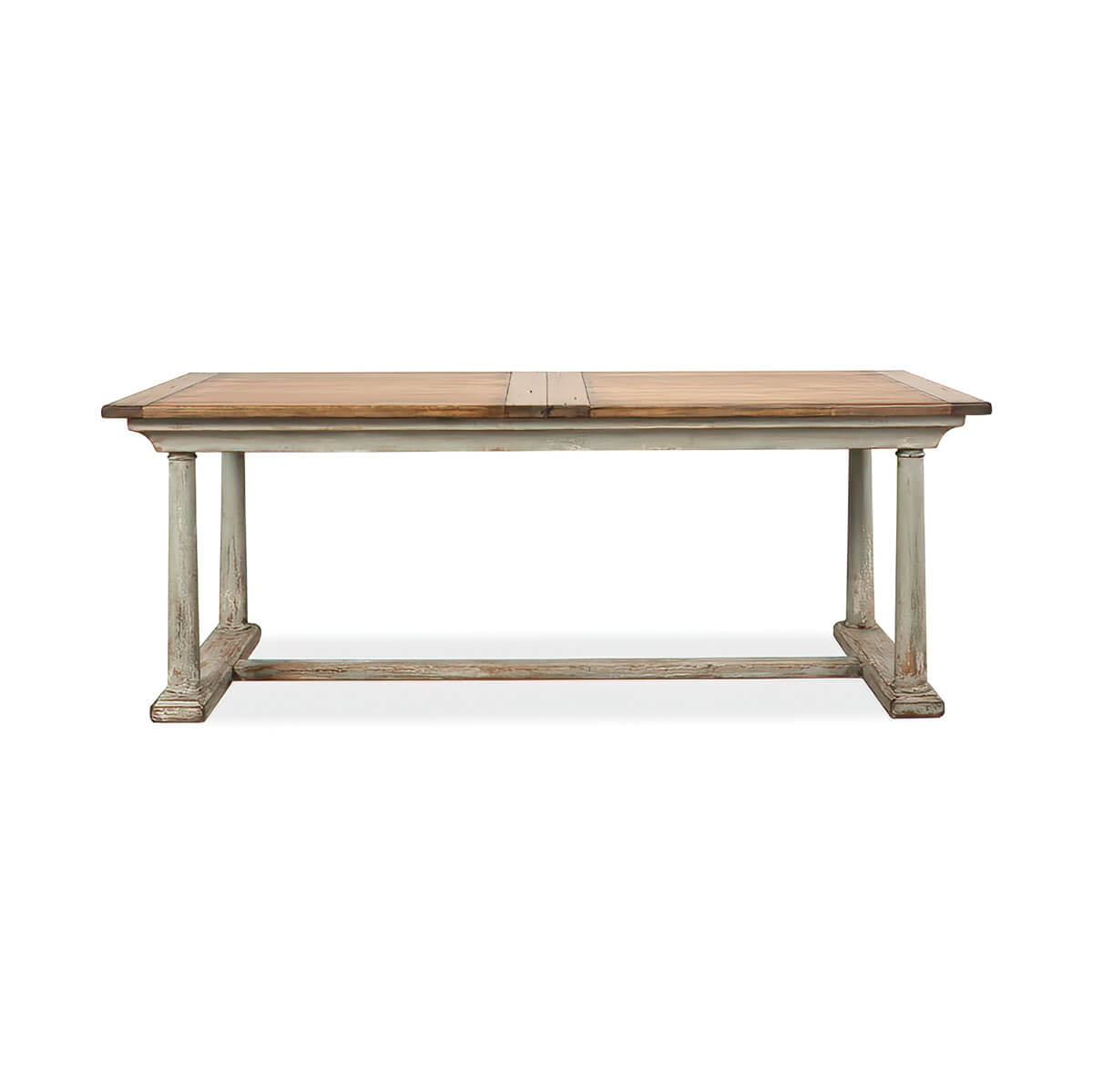 Front view of extension dining table, wood and distressed finish.