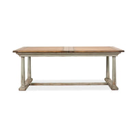 Front view of extension dining table, wood and distressed finish.