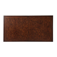 Top view of dining table, highlighting wood grain pattern.
