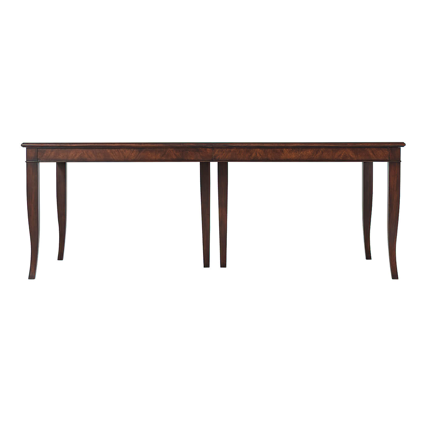 Extended dining table side view, showcasing leg details.