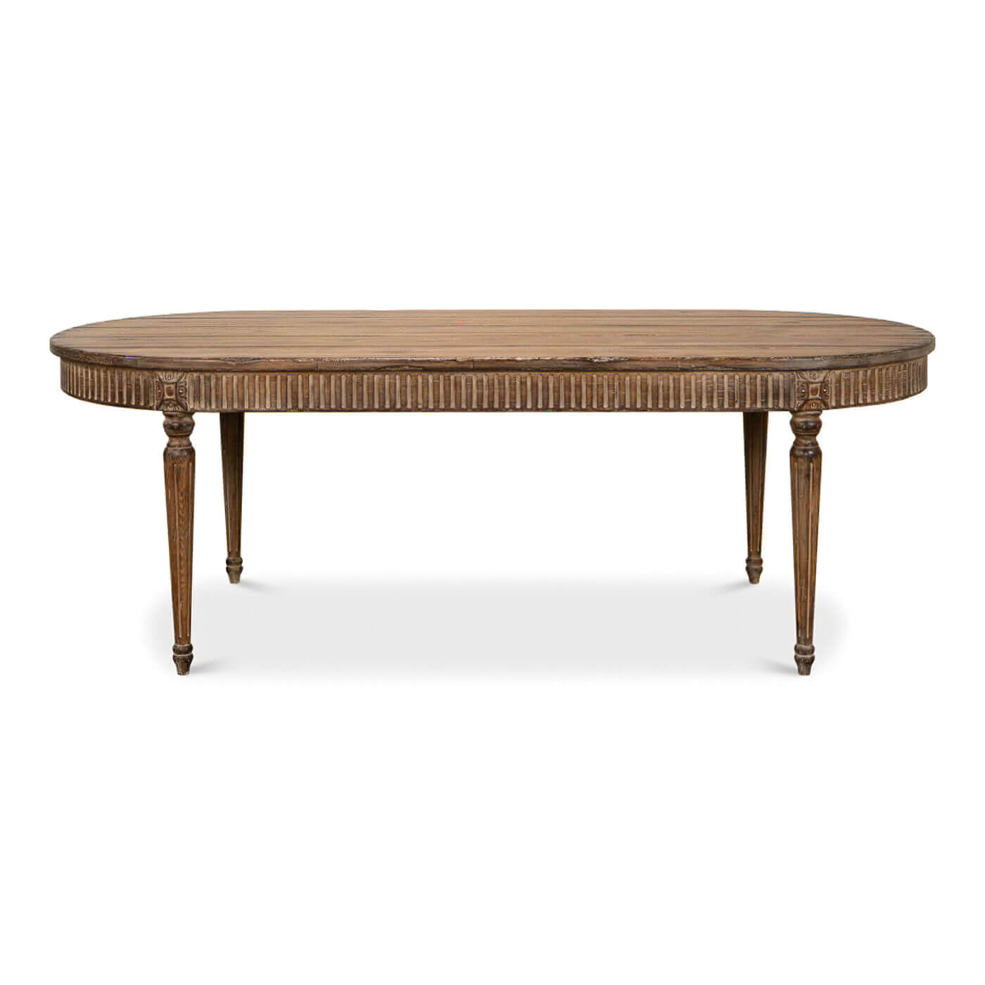 Front view of rustic oval dining table, detailed legs.