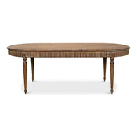 Front view of rustic oval dining table, detailed legs.
