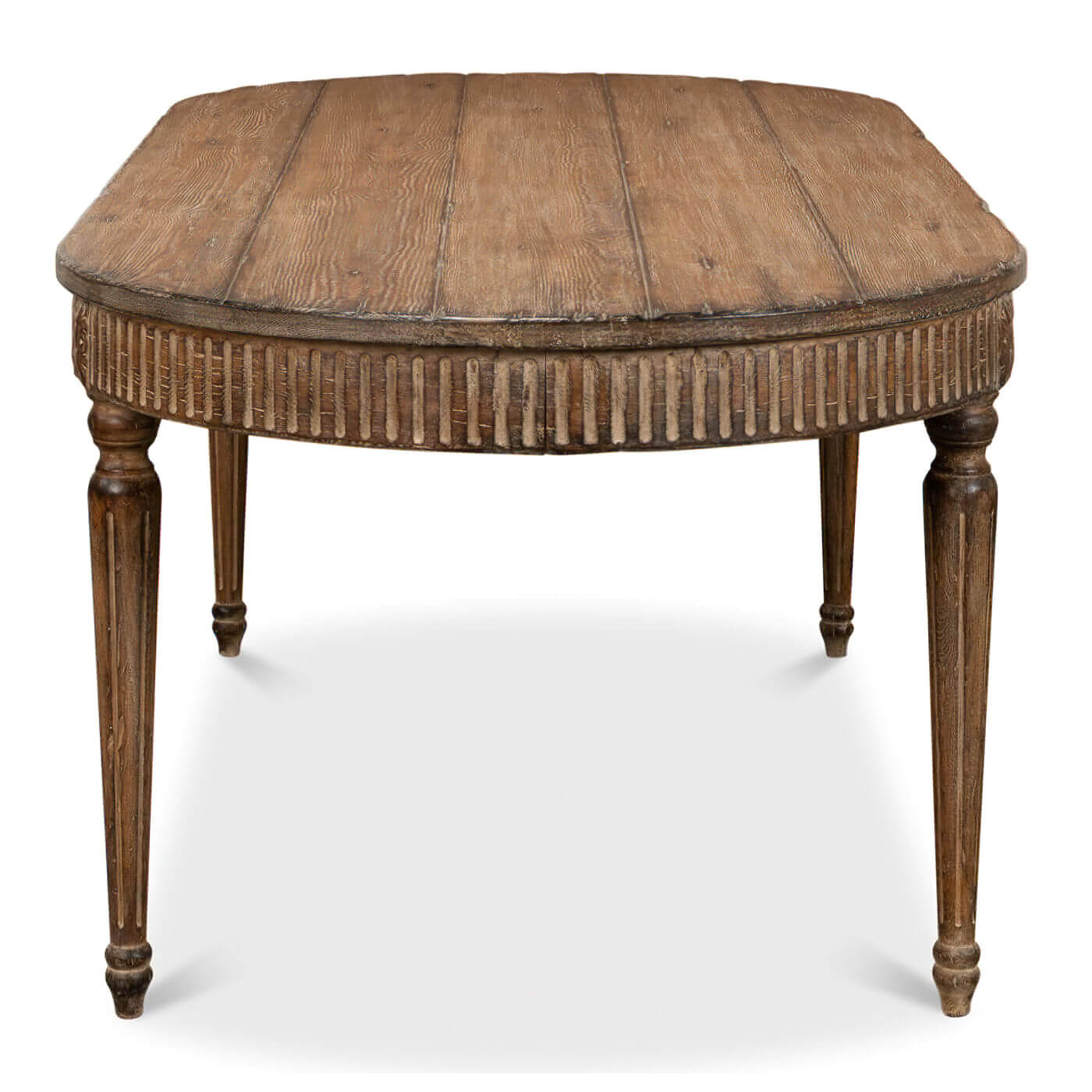 End view of oval dining table, close-up on legs.