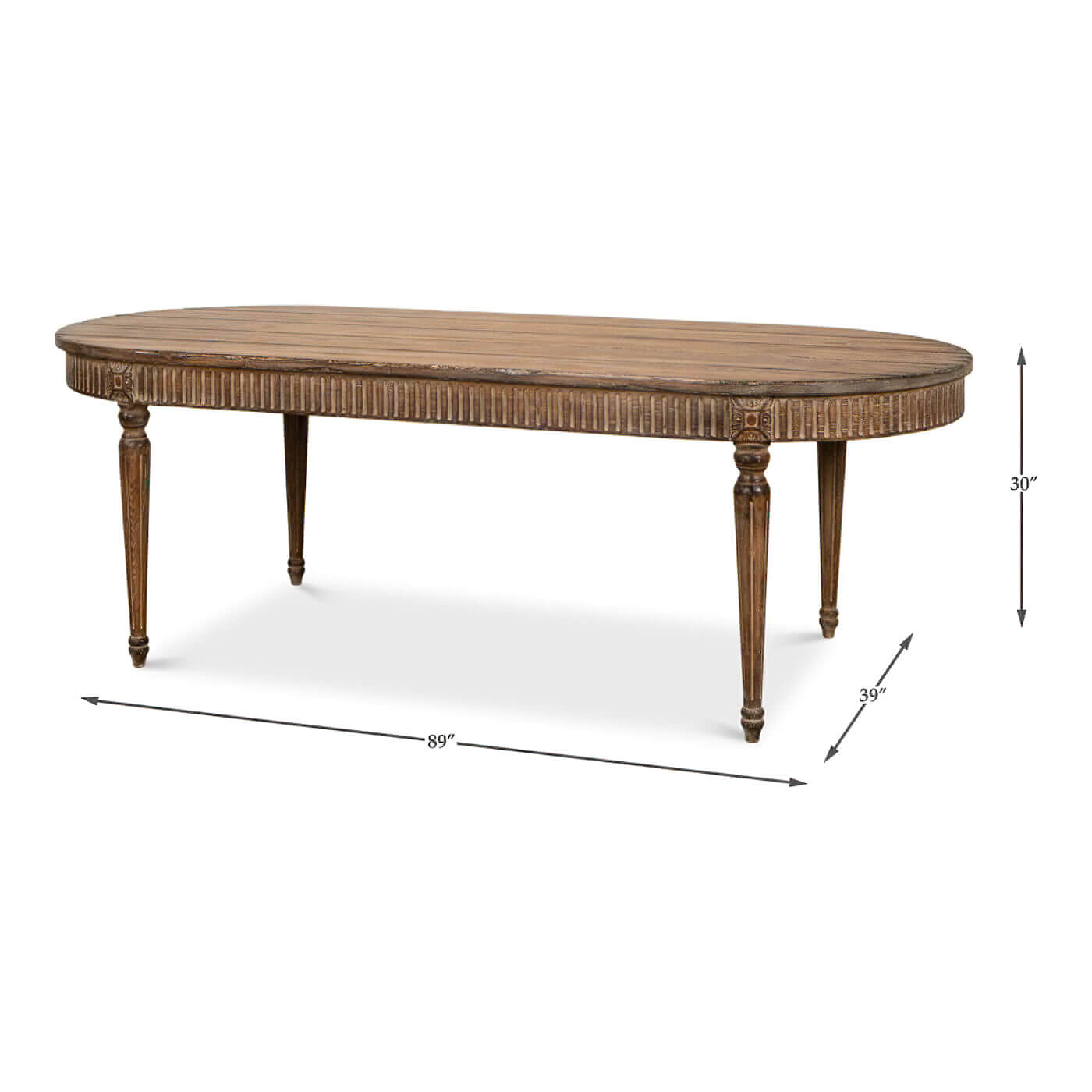 Oval dining table dimensions illustrated, rustic wood design.