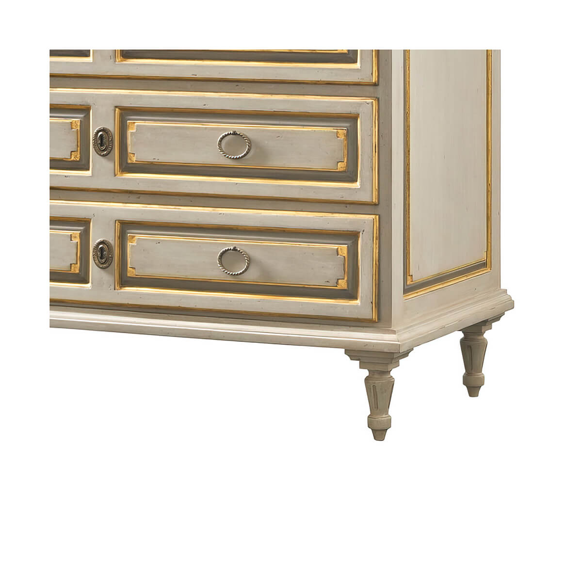 Detailed view of chest legs and bottom drawers.