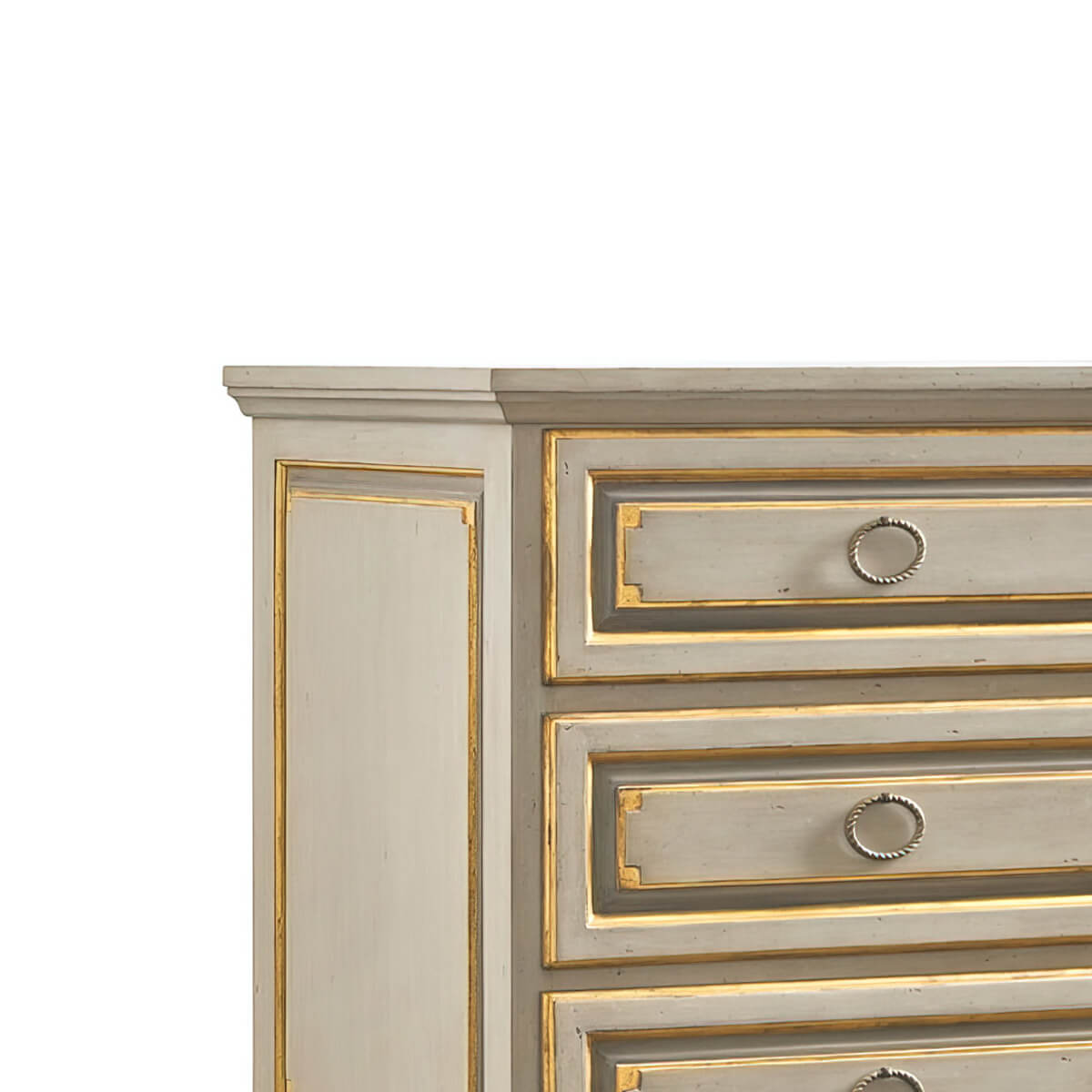 Close-up of chest top and drawer details, gold trim.
