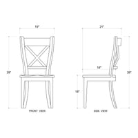 Dimensions diagram of wooden dining chair, front and side views.