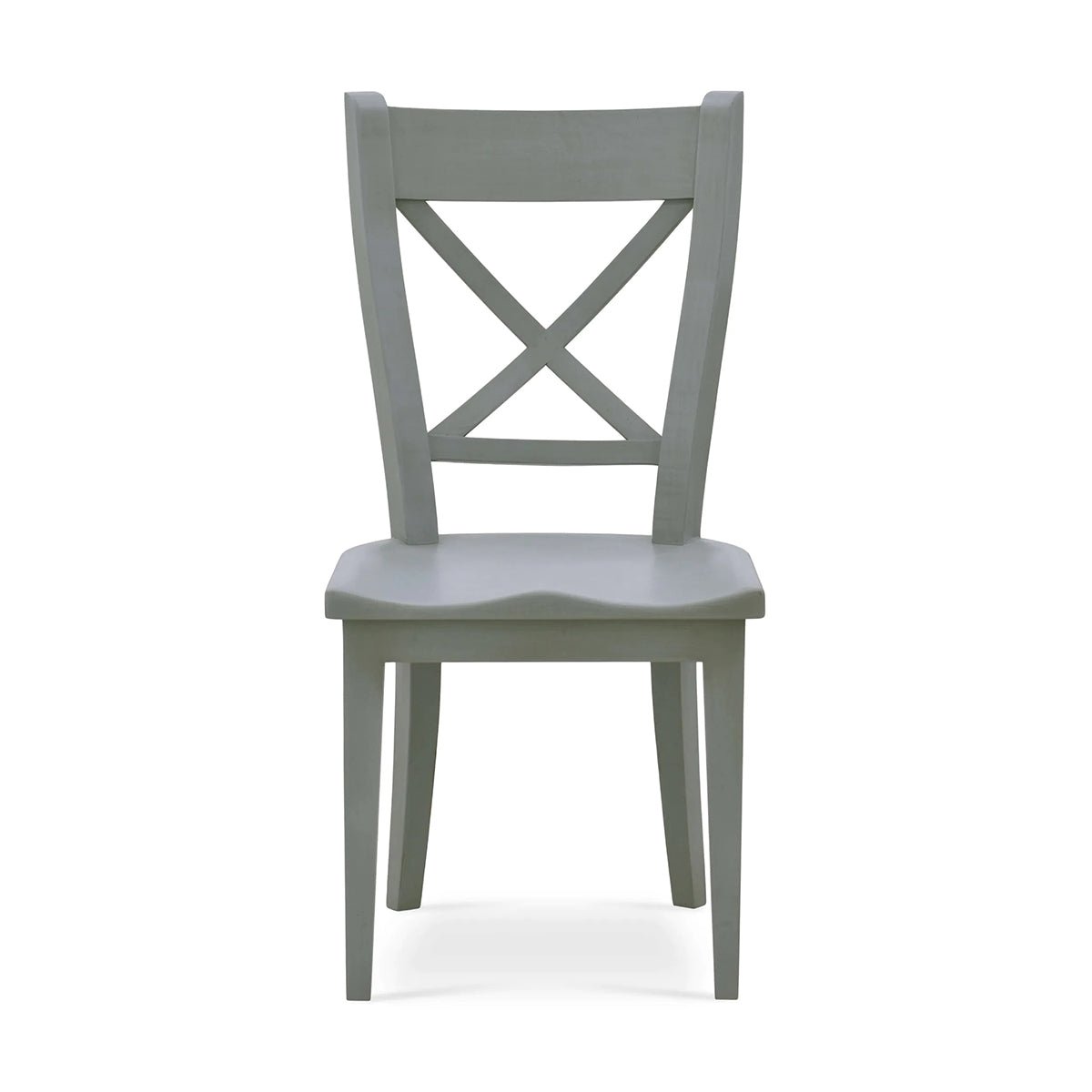 Wooden dining chair with X-back design, front view.